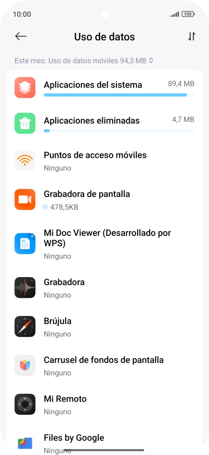 El consumo de datos por cada aplicación aparece bajo el nombre de la aplicación. El consumo de datos por cada aplicación aparece bajo el nombre de la aplicación.