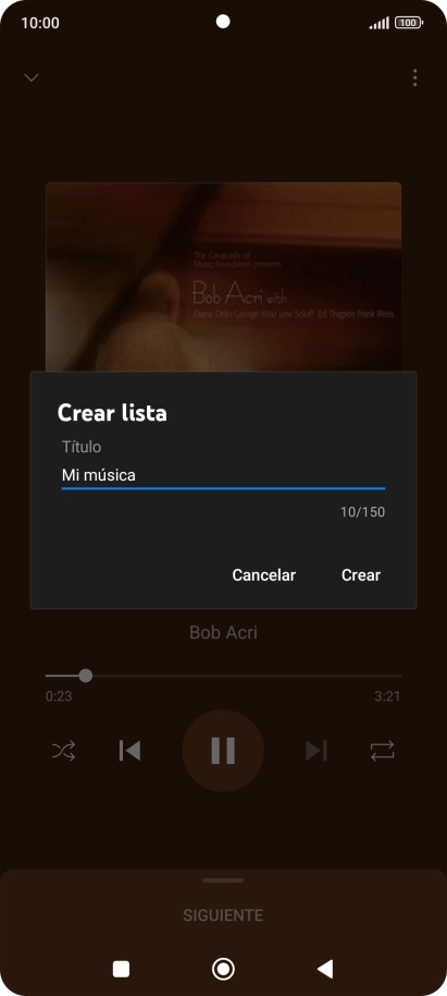 Introduce el nombre deseado de la lista de reproducción y pulsa Crear. Introduce el nombre deseado de la lista de reproducción y pulsa Crear.