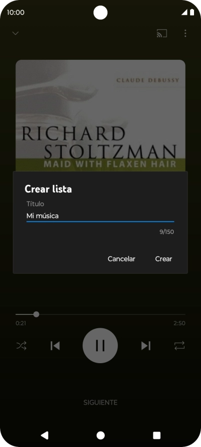 Introduce el nombre deseado de la lista de reproducción y pulsa Crear. Introduce el nombre deseado de la lista de reproducción y pulsa Crear.