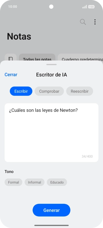 Para generar un texto, pulsa Escribir. Para generar un texto, pulsa Escribir.
