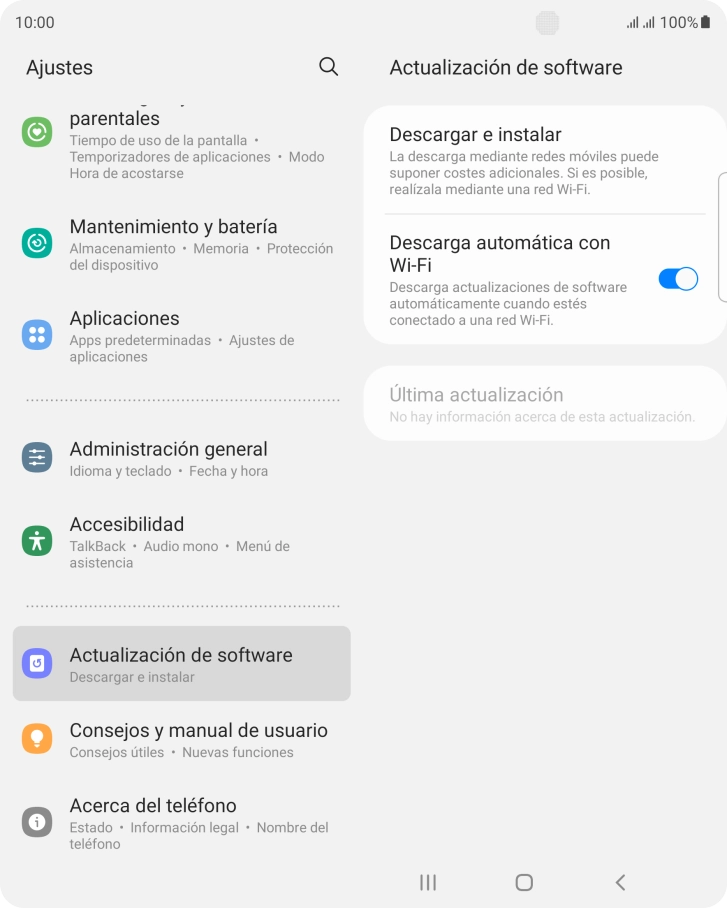 Pulsa Descargar e instalar. Si hay una versión de software nueva disponible, aparecerá ahora en la pantalla. Sigue las indicaciones de la pantalla para actualizar el software del teléfono. Pulsa Descargar e instalar. Si hay una versión de software nueva disponible, aparecerá ahora en la pantalla. Sigue las indicaciones de la pantalla para actualizar el software del teléfono.