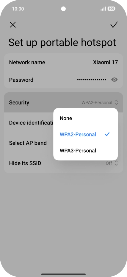 Press WPA3-Personal to password protect your Wi-Fi hotspot.