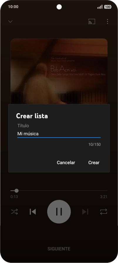 Introduce el nombre deseado de la lista de reproducción y pulsa Crear. Introduce el nombre deseado de la lista de reproducción y pulsa Crear.