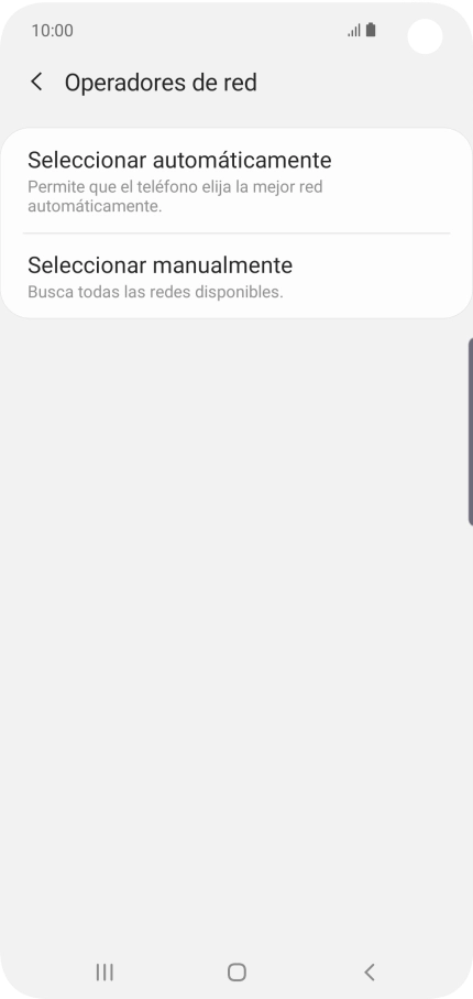 Si quieres seleccionar la red de forma manual, pulsa Seleccionar manualmente y espera un momento mientras el teléfono está buscando las redes disponibles. Si quieres seleccionar la red de forma manual, pulsa Seleccionar manualmente y espera un momento mientras el teléfono está buscando las redes disponibles.