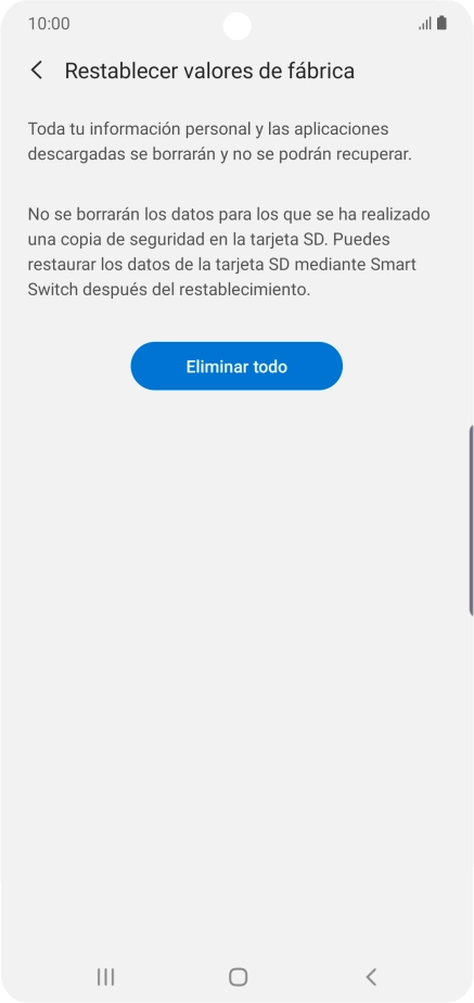Pulsa Eliminar todo. Espera unos instantes mientras el teléfono restablece la configuración predeterminada. Sigue las indicaciones de la pantalla para configurar el teléfono y dejarlo listo para su uso.