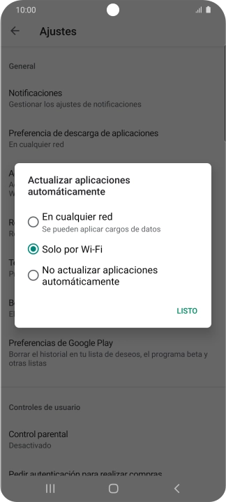 Para activar la actualización automática de apps utilizando la red móvil, pulsa En cualquier red. Para activar la actualización automática de apps utilizando la red móvil, pulsa En cualquier red.