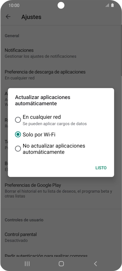Para activar la actualización automática de apps utilizando la red móvil, pulsa En cualquier red. Para activar la actualización automática de apps utilizando la red móvil, pulsa En cualquier red.