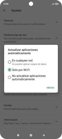 Para activar la actualización automática de apps utilizando la red móvil, pulsa En cualquier red. Para activar la actualización automática de apps utilizando la red móvil, pulsa En cualquier red.