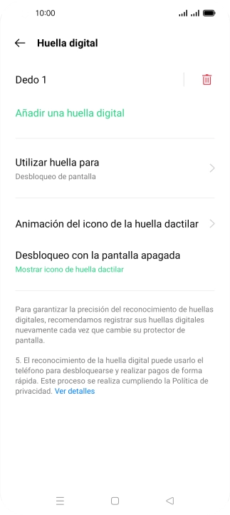 Pulsa el icono de eliminar junto a la huella digital que deseas borrar.