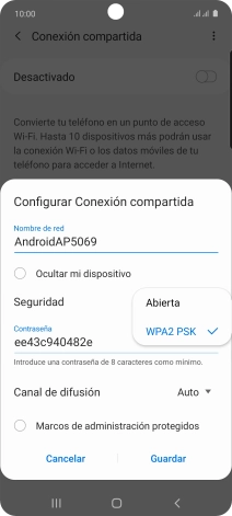 Pulsa WPA2 PSK para proteger la conexión wifi con una contraseña. Pulsa WPA2 PSK para proteger la conexión wifi con una contraseña.