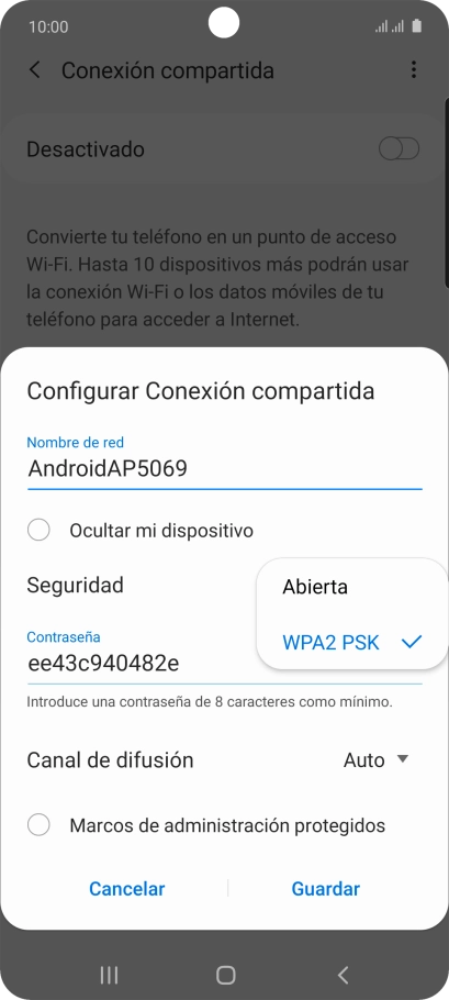 Pulsa WPA2 PSK para proteger la conexión wifi con una contraseña. Pulsa WPA2 PSK para proteger la conexión wifi con una contraseña.