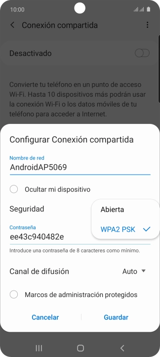 Pulsa WPA2 PSK para proteger la conexión wifi con una contraseña. Pulsa WPA2 PSK para proteger la conexión wifi con una contraseña.