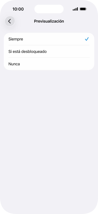 Para seleccionar la vista previa de las notificaciones en la pantalla de bloqueo, pulsa Siempre. Para seleccionar la vista previa de las notificaciones en la pantalla de bloqueo, pulsa Siempre.