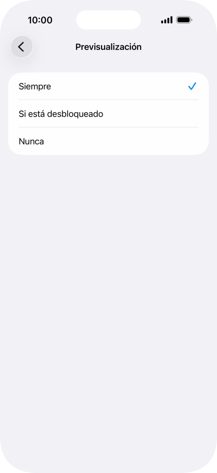 Para seleccionar la vista previa de las notificaciones en la pantalla de bloqueo, pulsa Siempre. Para seleccionar la vista previa de las notificaciones en la pantalla de bloqueo, pulsa Siempre.