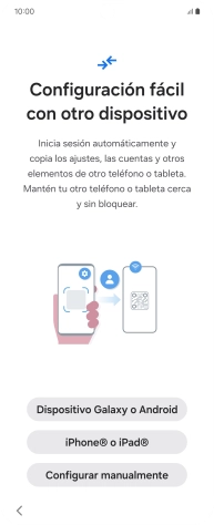 Pulsa la opción deseada para transferir contenido desde otro dispositivo y pulsa Configurar manualmente. Pulsa la opción deseada para transferir contenido desde otro dispositivo y pulsa Configurar manualmente.