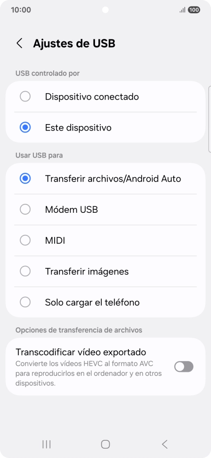 Pulsa Transferir archivos/Android Auto. Pulsa Transferir archivos/Android Auto.