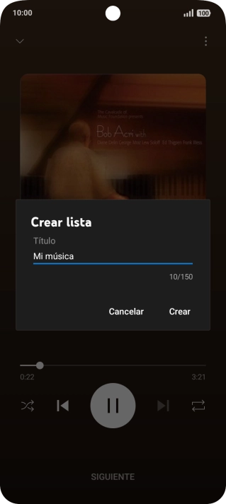 Introduce el nombre deseado de la lista de reproducción y pulsa Crear. Introduce el nombre deseado de la lista de reproducción y pulsa Crear.
