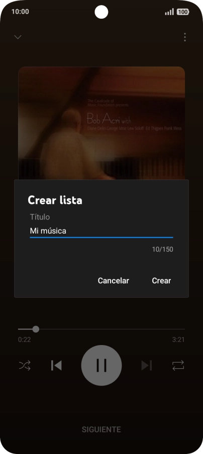 Introduce el nombre deseado de la lista de reproducción y pulsa Crear. Introduce el nombre deseado de la lista de reproducción y pulsa Crear.