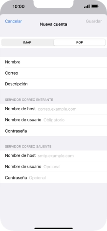 Pulsa Nombre de host e introduce el nombre del servidor de correo de entrada de tu proveedor de correo electrónico. Pulsa Nombre de host e introduce el nombre del servidor de correo de entrada de tu proveedor de correo electrónico.