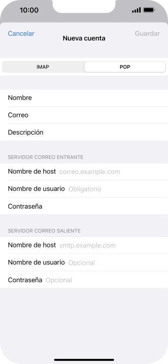 Pulsa Nombre de host e introduce el nombre del servidor de correo de entrada de tu proveedor de correo electrónico. Pulsa Nombre de host e introduce el nombre del servidor de correo de entrada de tu proveedor de correo electrónico.