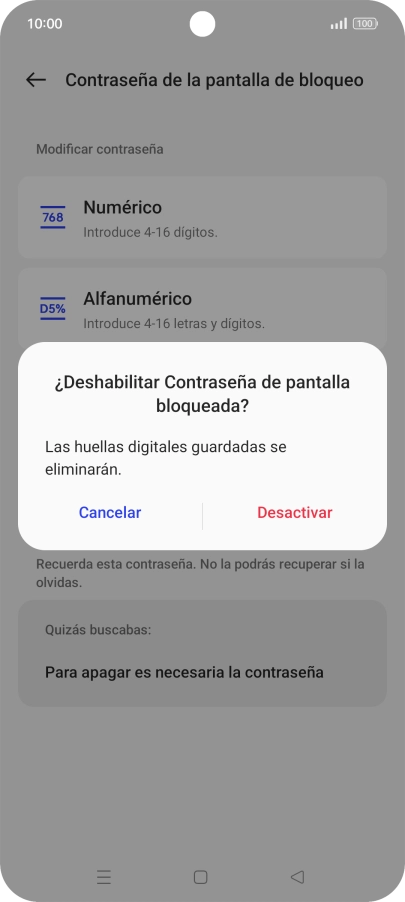 Pulsa Desactivar e introduce el código de seguridad extra que has creado anteriormente. Pulsa Desactivar e introduce el código de seguridad extra que has creado anteriormente.