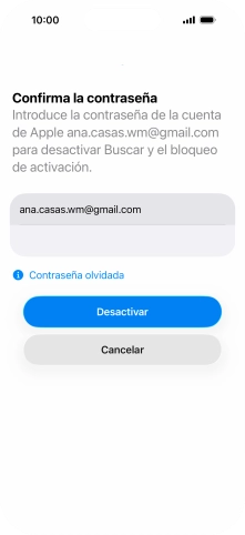 Introduce la contraseña de tu Cuenta de Apple y pulsa Desactivar. Espera unos instantes mientras el teléfono restablece la configuración predeterminada. Sigue las indicaciones de la pantalla para configurar el teléfono y dejarlo listo para su uso. Introduce la contraseña de tu Cuenta de Apple y pulsa Desactivar. Espera unos instantes mientras el teléfono restablece la configuración predeterminada. Sigue las indicaciones de la pantalla para configurar el teléfono y dejarlo listo para su uso.