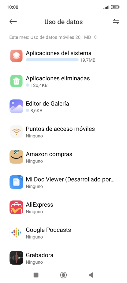 El consumo total de datos del período seleccionado aparece ahora en la pantalla. El consumo total de datos del período seleccionado aparece ahora en la pantalla.