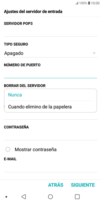 Pulsa Nunca para conservar los correos electrónicos en el servidor cuando los borras del teléfono.