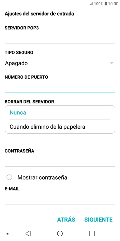 Pulsa Nunca para conservar los correos electrónicos en el servidor cuando los borras del teléfono.