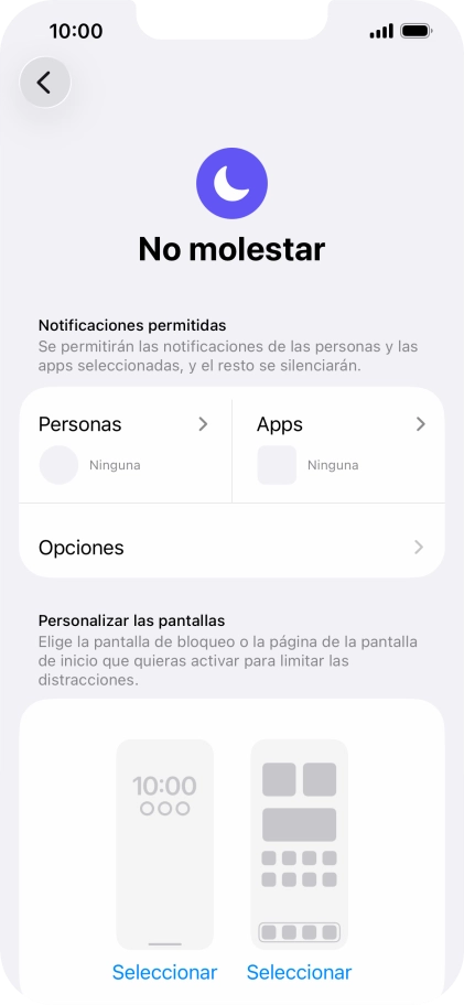 Pulsa Personas y sigue las indicaciones de la pantalla para seleccionar de qué contactos quieres recibir llamadas y notificaciones cuando No molestar está activado. Pulsa Personas y sigue las indicaciones de la pantalla para seleccionar de qué contactos quieres recibir llamadas y notificaciones cuando No molestar está activado.