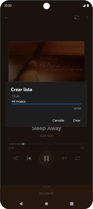 Introduce el nombre deseado de la lista de reproducción y pulsa Crear. Introduce el nombre deseado de la lista de reproducción y pulsa Crear.