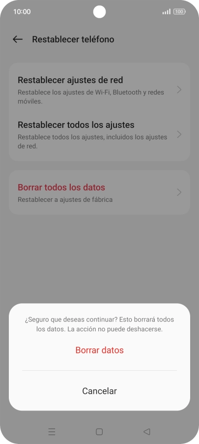 Pulsa Borrar datos. Espera unos instantes mientras el teléfono restablece la configuración predeterminada. Sigue las indicaciones de la pantalla para configurar el teléfono y dejarlo listo para su uso. Pulsa Borrar datos. Espera unos instantes mientras el teléfono restablece la configuración predeterminada. Sigue las indicaciones de la pantalla para configurar el teléfono y dejarlo listo para su uso.