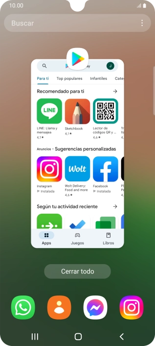 Para cerrar una sola aplicación en ejecución, desliza el dedo hacia arriba sobre la aplicación deseada. Para cerrar una sola aplicación en ejecución, desliza el dedo hacia arriba sobre la aplicación deseada.