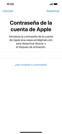 Introduce la contraseña de tu ID de Apple y pulsa Desactivar. Espera unos instantes mientras el teléfono restablece la configuración predeterminada. Sigue las indicaciones de la pantalla para configurar el teléfono y dejarlo listo para su uso. Introduce la contraseña de tu ID de Apple y pulsa Desactivar. Espera unos instantes mientras el teléfono restablece la configuración predeterminada. Sigue las indicaciones de la pantalla para configurar el teléfono y dejarlo listo para su uso.