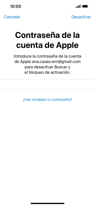 Introduce la contraseña de tu ID de Apple y pulsa Desactivar. Espera unos instantes mientras el teléfono restablece la configuración predeterminada. Sigue las indicaciones de la pantalla para configurar el teléfono y dejarlo listo para su uso. Introduce la contraseña de tu ID de Apple y pulsa Desactivar. Espera unos instantes mientras el teléfono restablece la configuración predeterminada. Sigue las indicaciones de la pantalla para configurar el teléfono y dejarlo listo para su uso.