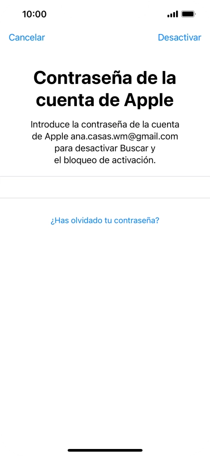 Introduce la contraseña de tu ID de Apple y pulsa Desactivar. Espera unos instantes mientras el teléfono restablece la configuración predeterminada. Sigue las indicaciones de la pantalla para configurar el teléfono y dejarlo listo para su uso. Introduce la contraseña de tu ID de Apple y pulsa Desactivar. Espera unos instantes mientras el teléfono restablece la configuración predeterminada. Sigue las indicaciones de la pantalla para configurar el teléfono y dejarlo listo para su uso.