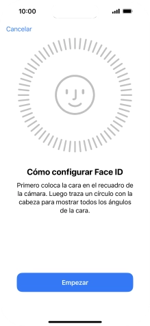 Pulsa Empezar y sigue las indicaciones de la pantalla para crear un código de seguridad con la función de reconocimiento facial (Face ID). Pulsa Empezar y sigue las indicaciones de la pantalla para crear un código de seguridad con la función de reconocimiento facial (Face ID).