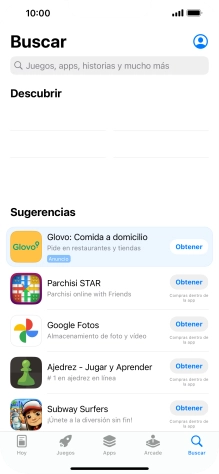 Pulsa en el campo de búsqueda e introduce el nombre o el tema de la app deseada. Pulsa en el campo de búsqueda e introduce el nombre o el tema de la app deseada.