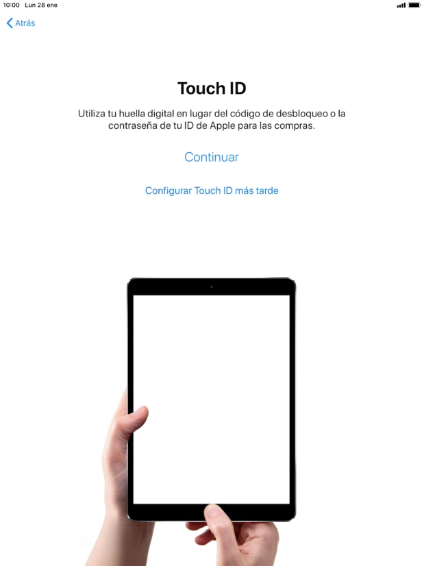 Sigue las indicaciones de la pantalla para activar el uso del sensor de identidad o pulsa Configurar Touch ID más tarde. Sigue las indicaciones de la pantalla para activar el uso del sensor de identidad o pulsa Configurar Touch ID más tarde.