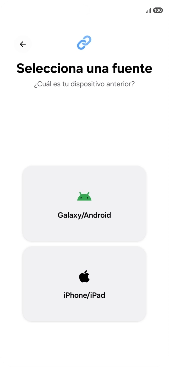 Pulsa el ajuste deseado y sigue las instrucciones de la pantalla para transferir el contenido del otro teléfono. Pulsa el ajuste deseado y sigue las instrucciones de la pantalla para transferir el contenido del otro teléfono.