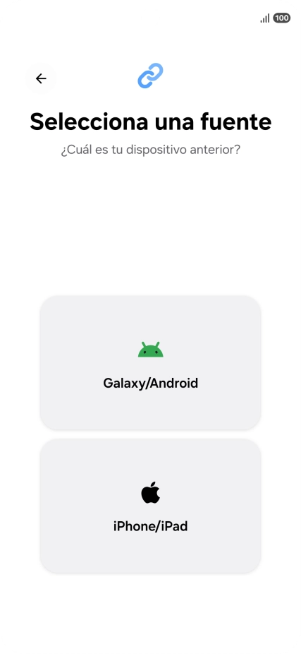 Pulsa el ajuste deseado y sigue las instrucciones de la pantalla para transferir el contenido del otro teléfono. Pulsa el ajuste deseado y sigue las instrucciones de la pantalla para transferir el contenido del otro teléfono.
