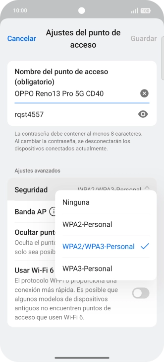 Pulsa WPA3-Personal para proteger la conexión wifi con una contraseña. Pulsa WPA3-Personal para proteger la conexión wifi con una contraseña.