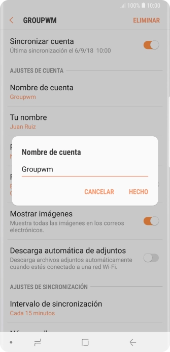 Introduce el nombre deseado de la cuenta de correo electrónico y pulsa HECHO. Introduce el nombre deseado de la cuenta de correo electrónico y pulsa HECHO.