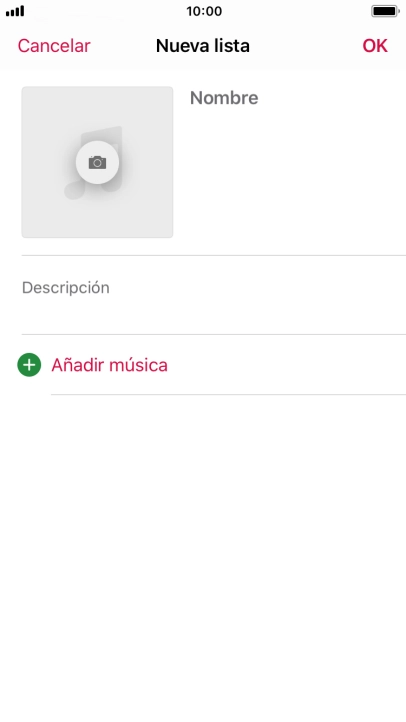 Pulsa en el campo de escritura e introduce el nombre de la lista de reproducción. Pulsa en el campo de escritura e introduce el nombre de la lista de reproducción.