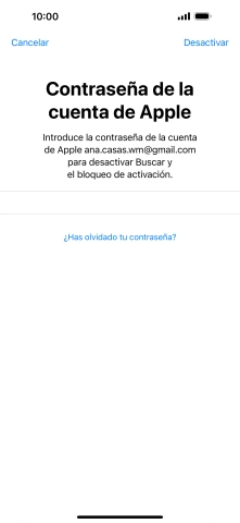 Introduce la contraseña de tu ID de Apple y pulsa Desactivar. Espera unos instantes mientras el teléfono restablece la configuración predeterminada. Sigue las indicaciones de la pantalla para configurar el teléfono y dejarlo listo para su uso. Introduce la contraseña de tu ID de Apple y pulsa Desactivar. Espera unos instantes mientras el teléfono restablece la configuración predeterminada. Sigue las indicaciones de la pantalla para configurar el teléfono y dejarlo listo para su uso.