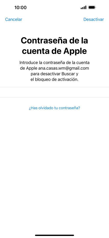 Introduce la contraseña de tu ID de Apple y pulsa Desactivar. Espera unos instantes mientras el teléfono restablece la configuración predeterminada. Sigue las indicaciones de la pantalla para configurar el teléfono y dejarlo listo para su uso. Introduce la contraseña de tu ID de Apple y pulsa Desactivar. Espera unos instantes mientras el teléfono restablece la configuración predeterminada. Sigue las indicaciones de la pantalla para configurar el teléfono y dejarlo listo para su uso.