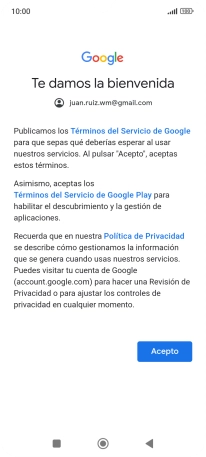 Pulsa Acepto y sigue las indicaciones de la pantalla para seleccionar los ajustes de tu cuenta de Google. Pulsa Acepto y sigue las indicaciones de la pantalla para seleccionar los ajustes de tu cuenta de Google.