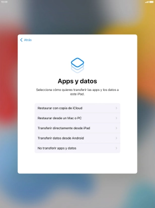 Pulsa No transferir apps y datos y sigue las indicaciones de la pantalla para finalizar la activación de la tablet. Pulsa No transferir apps y datos y sigue las indicaciones de la pantalla para finalizar la activación de la tablet.