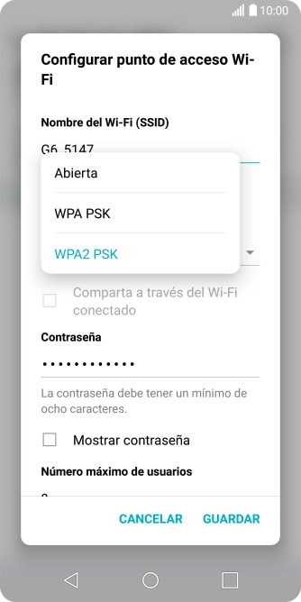 Pulsa WPA2 PSK para proteger la conexión wifi con una contraseña. Pulsa WPA2 PSK para proteger la conexión wifi con una contraseña.