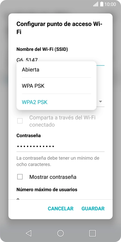 Pulsa WPA2 PSK para proteger la conexión wifi con una contraseña. Pulsa WPA2 PSK para proteger la conexión wifi con una contraseña.
